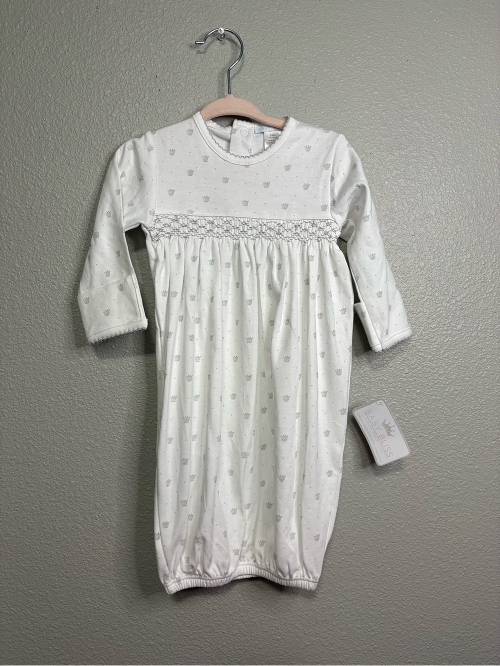Baby Bliss Hand-Smocked Crown Print Pima Cotton Gown NWT 3-6 Months Made in Peru